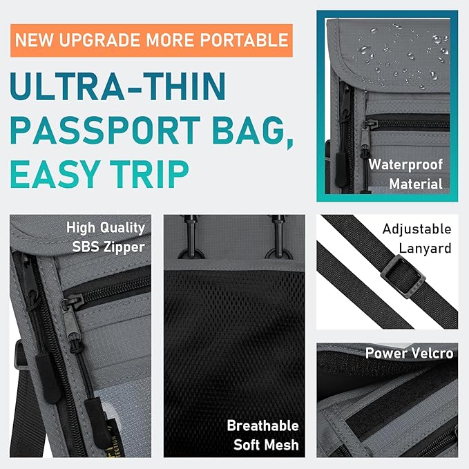 sundee Travel Neck Wallet with Double Zippers, RFID Blocking Passport Holder with Adjustable Neck Strap for Men and Women to Keep Cash, Credit Cards and Travel Documents Safe - Light Gray