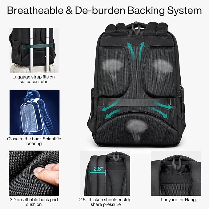 Hanke Expandable Travel Backpack 16 Inch, Full-Open Laptop Backpack Fits 15.6 Inch, Carry On Personal Item Bag with Luggage Strap, Business Work Backpack for Women Men, Black