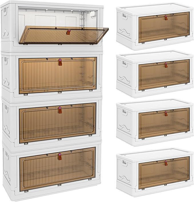 4 Tier Storage Bins with Lids 102QT - Stackable Containers with Wheels, Folding Boxes, Stackable Storage Bins, Closet Organizers