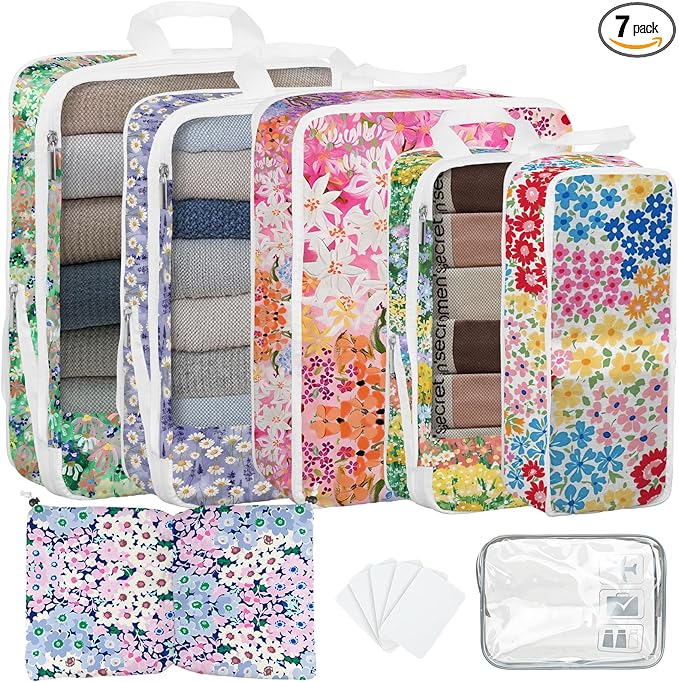 7 Pcs Compression Packing Cubes for Travel, Waterproof Suitcase Luggage Backpack Organizer with Toiletry Bag Travel Essentials for Women/Men-Flowers