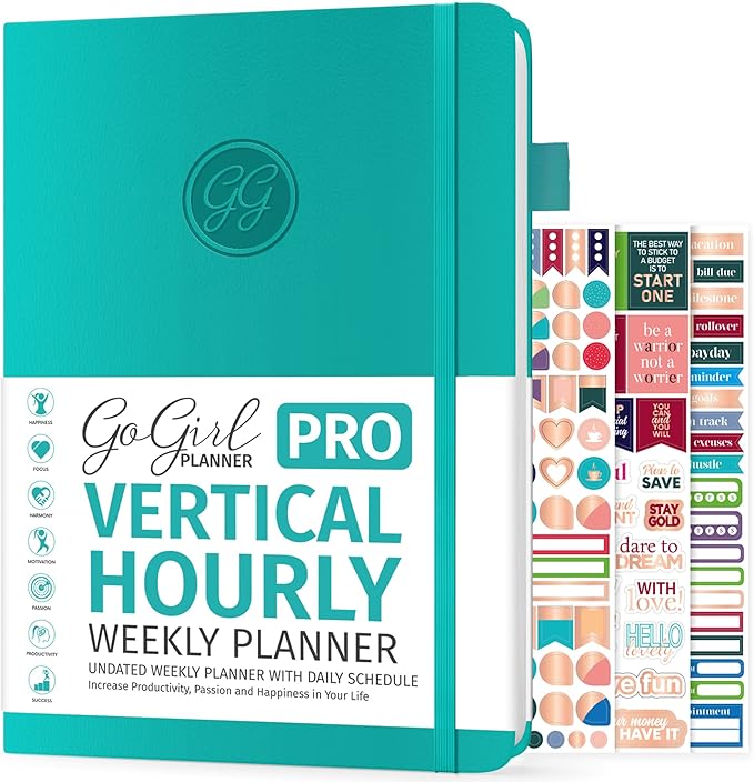 GoGirl Planner PRO Schedule - Undated Planner with Hourly Time Slots, Monthly, Weekly & Daily Organizer, Appointment Book for time Management, 7"x10" Hardcover, Lasts 1 Year - Turquoise