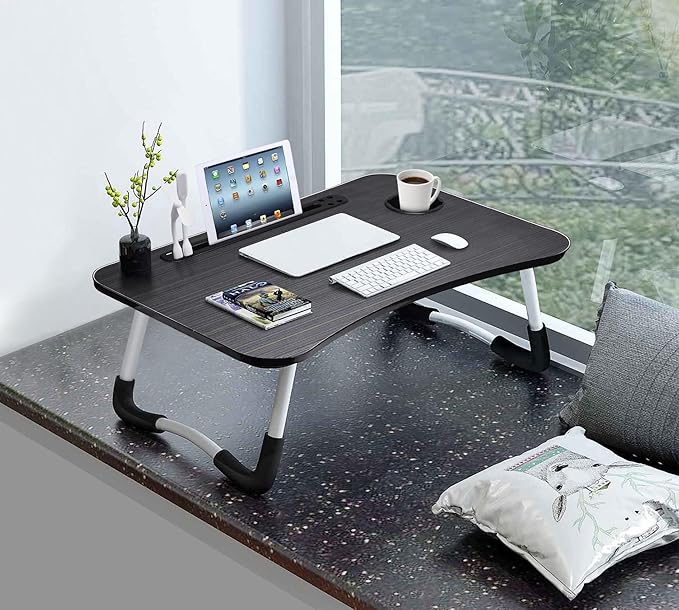 Slendor Lap Desk with Cup Holder, Foldable Laptop Table for Bed, Portable Bed Desk for Laptop and Writing, Computer Tray with Tablet Slot, Notebook Stand Reading Holder for Couch Sofa Floor,Black