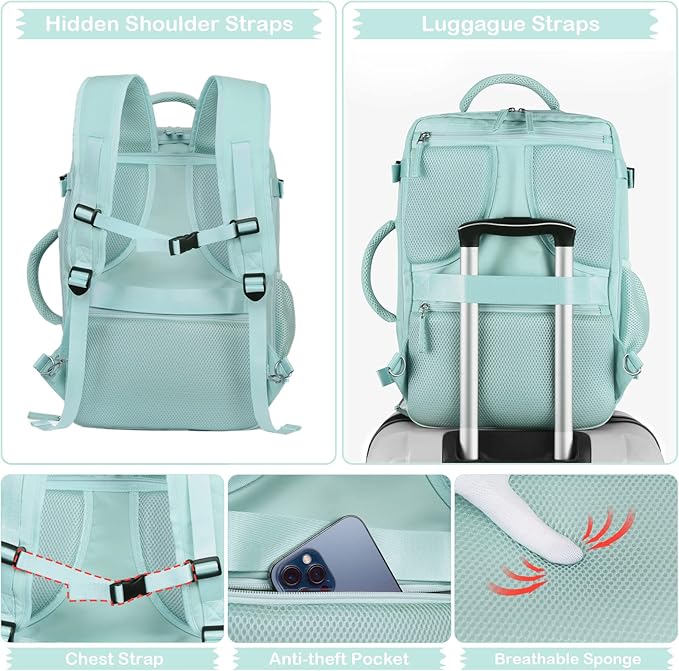 Hanples Carry on Backpack, Laptop Travel Backpack for Women Airline Approved, Personal Item Travel Bag for Men, Casual Daypack Bag for Business Work Weekend with 2 Toiletry Bags (Mint Green)