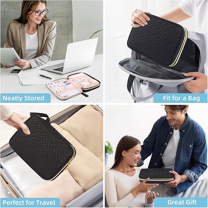 Electronics Organizer Travel Case, Charger Bag Cord Organizer Travel, All-in-One Cable Organizer Bag for Charger, Cords, Phone, Headphones, Flash Drive, SD Card (Black, Large-Double Layer)