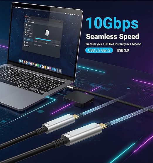 Fiber Optic USB C to USB C Cable(33ft),Slim High Speed 10Gbps USB 3.2 Gen2 Active Optical Cable for VR, Webcam, Laptop etc
