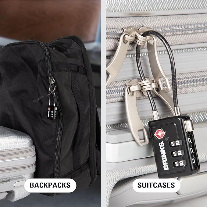 Brinks TSA Accepted Indicator Luggage Lock, Black - Resettable 3-Dial Combination, 2.5 inch Long Cable Shackle, New More Secure TSA008 Key, 2 Pack