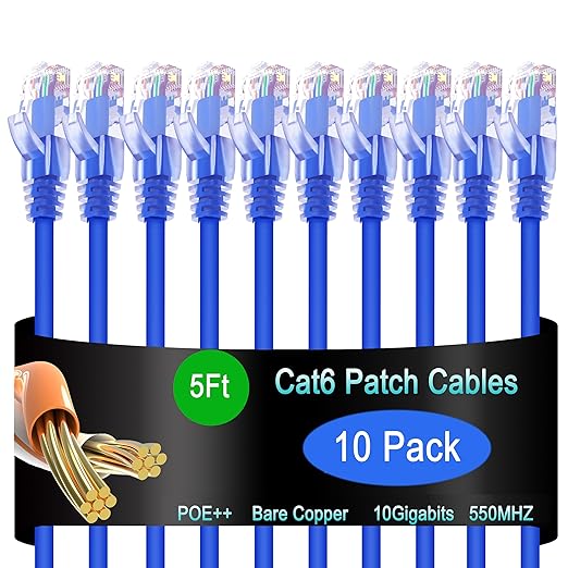 Cat6 Ethernet Patch Cable 5 ft (10 Pack), Cat6 Patch Cable for Data Centers, Cat 6 Cable 10G, Network Patch Cables for Home and Enterprise Network -Blue