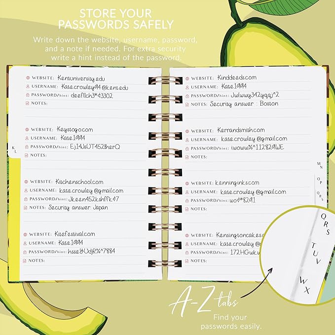 PLANBERRY Password Book Premium – Small Internet Address Organizer with A-Z Tabs – Pocket Website Password Keeper with Alphabetical Tabs – 4.7x5.7″, Hardcover (Avocado Green)