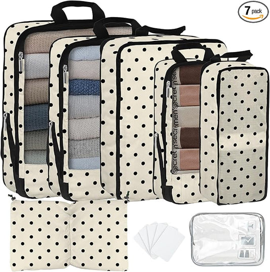 7 Pcs Compression Packing Cubes for Travel, Waterproof Suitcase Luggage Backpack Organizer with Toiletry Bag Travel Essentials for Women/Men-Polka Dots