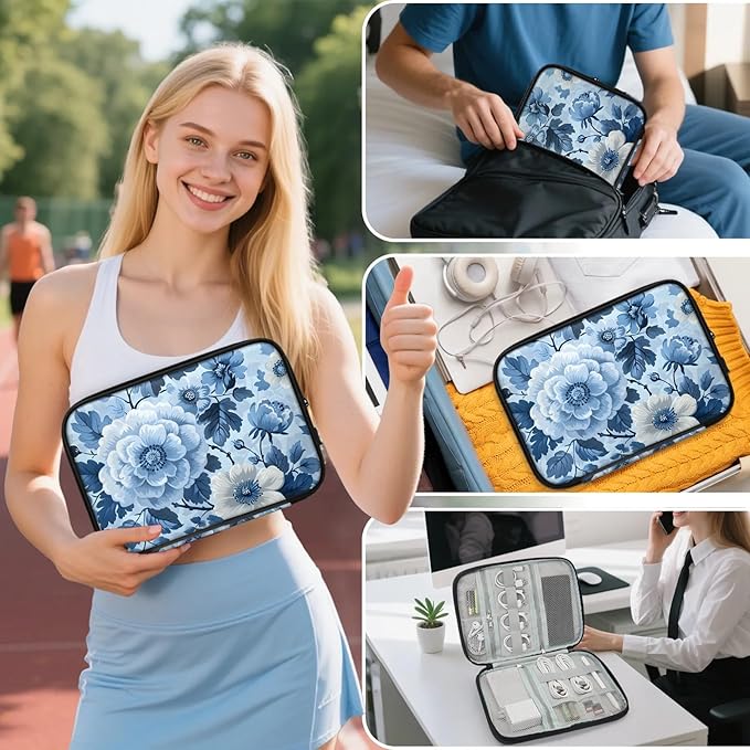 Blue Flowers Electronics Travel Organizer Case, Tech Accessories Cable Storage Bag for Cords, Charger, Phone, Hard Drive