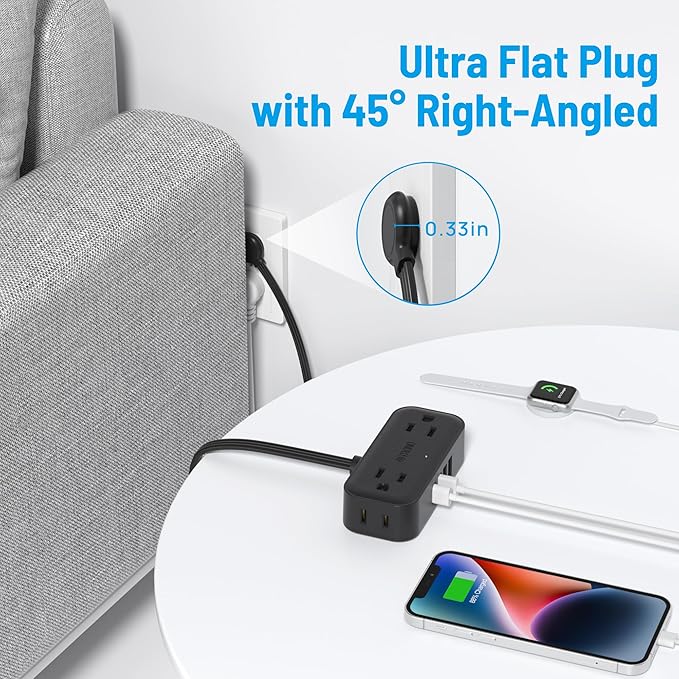 TROND Travel Power Strip with USB Ports, 5ft Flat Plug Extension Cord with Multiple Outlets, Small Wall Mount Extender Adapter for Office Dorm Room Essentials, Black