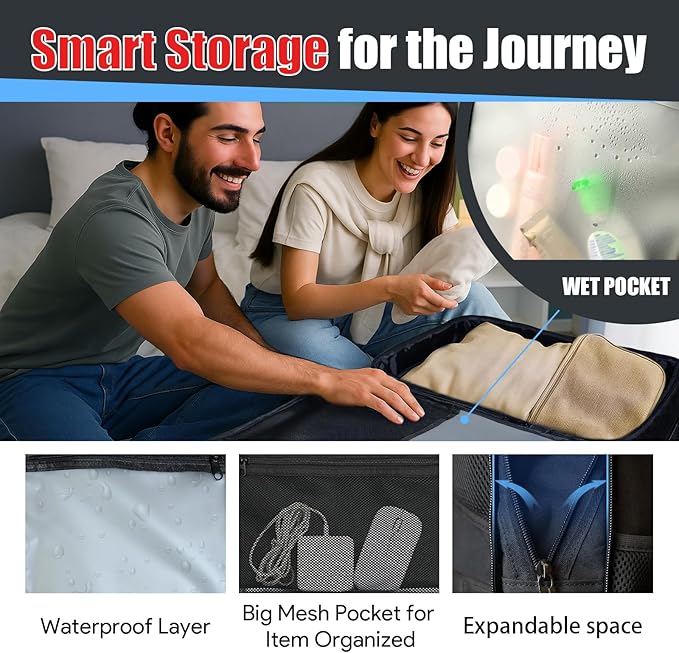 Travel Backpack, Expandable 50L Carry On Backpack, Extra Large Anti-Theft TSA Flight Approved Large Weekender Daypack Bag for Men and Women, Waterproof Pocket Lightweight Travel Gifts for Men, Black