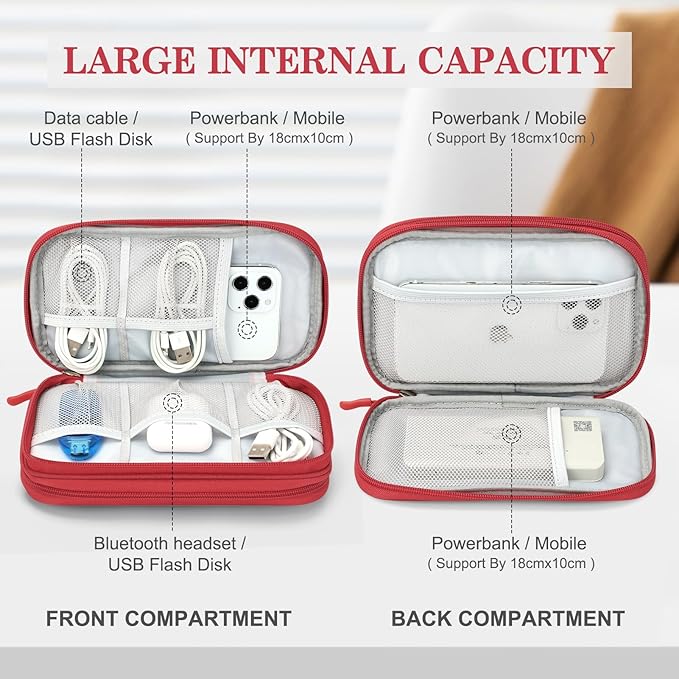 FYY Electronic Organizer, Travel Cable Organizer Bag Pouch Electronic Accessories Carry Case Portable Waterproof Double Layers Storage Bag for Cable, Cord, Charger, Phone, Earphone, Large Size, Red