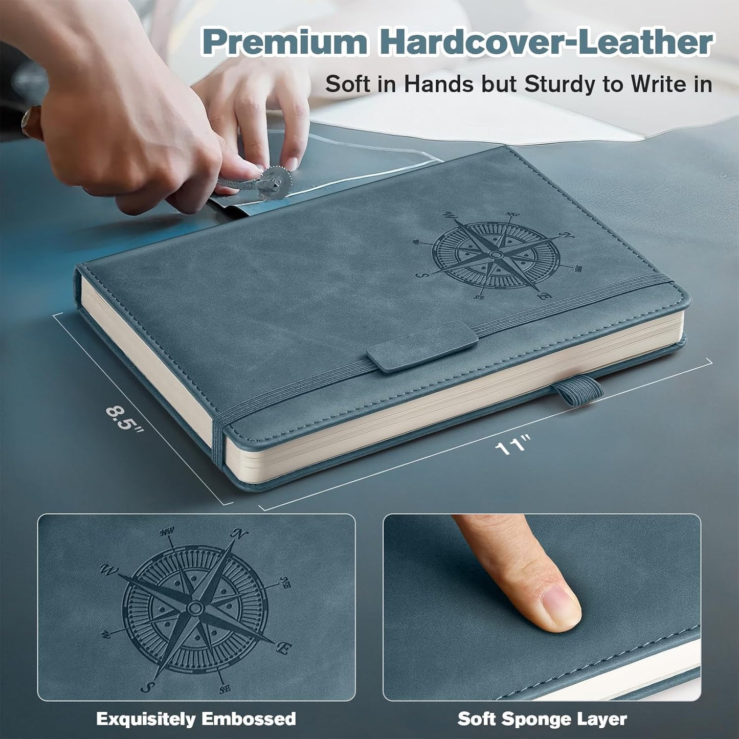 Notebook Journal for Women Men: Leather Journal for Writing, Hardcover College Ruled Journals Notebooks with Thick Paper, Large A4 Daily Journal for Travel, Diary, Gifts for Teens, 8.5"×11", Deepblue