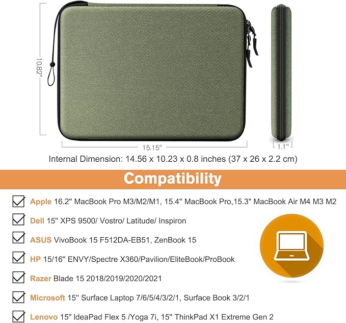 FINPAC Hard Laptop Sleeve Case for 15.3 inch MacBook Air M4 M3 M2 2025 2024, 16.2 inch MacBook Pro M4/M3/M2/M1 Pro/Max A2991 A2780 A2485 A2141, Waterproof Case for Surface Laptop/Book, Olive
