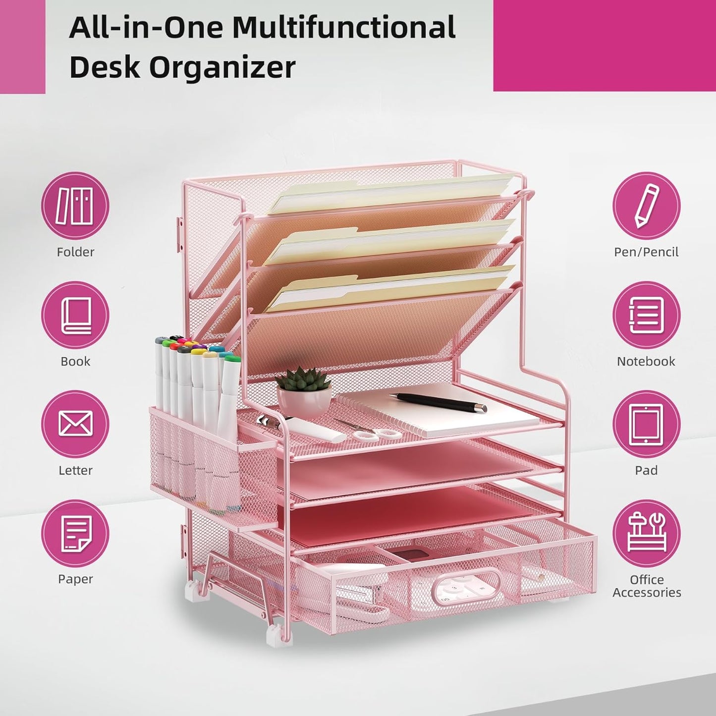 4-Tier Paper Organizer + 3-Pocket File Holder + Drawer + Pen Holders, Desktop File Organizers Paper Tray for Office Supplies School Classroom Organization (Pink, with Drawer & Pen Holder)