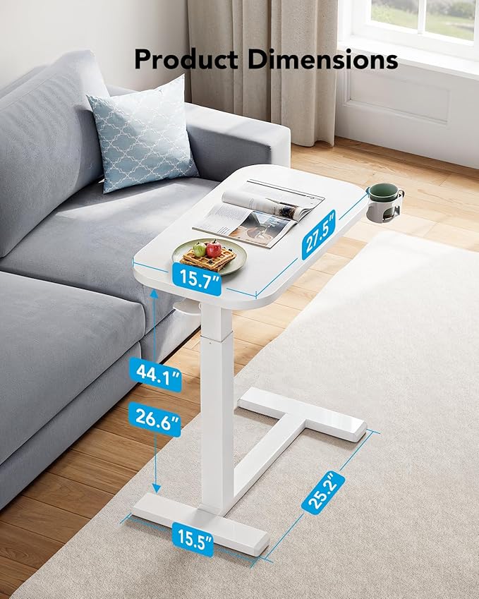HUANUO Bedside Table with Wheels, Height-Adjustable Rolling Computer Cart, Overbed Table with Cup Holder, Pneumatic Laptop Standing Desk for Home Office, White (27.6" x 15.7")
