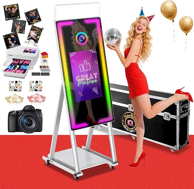Mirror Photo Booth with Camera and Printer, 40" Magic Mirror Photo Booth, 22" Touch Screen Built-in Mini PC with Instant Print and Sharing, Music Sync Control RGB Light (White, 45-22" Full Set)