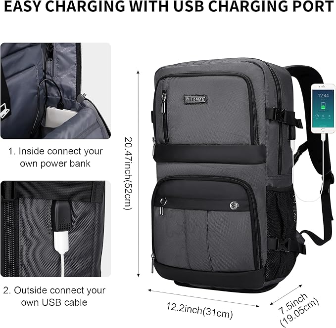 WITZMAN Carry on Travel Backpack for Men Women Laptop Backpack with USB Charging Port Airline Approved(B683 Silvery Grey)