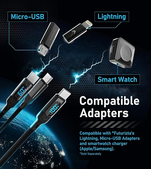 Futurizta Tech® Hydra 3‑in‑1 Triple USB‑C 100 W PD Fast‑Charge Cable with Smart Triboost® & LED Watt Display – Charge Laptop, Phone & Tablet Simultaneously