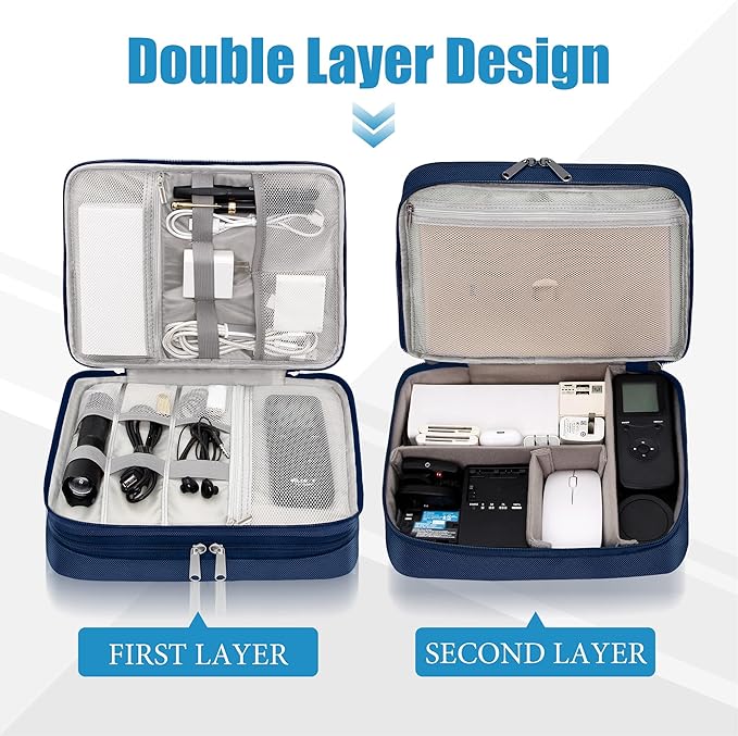 SELLYFELLY Electronics Travel Organizer, Double Layer Cable Organizer Bag Watreproof Electronics Accessories Storage Bag for Cord, Charger, Phone, Power Bank, Hard Drive