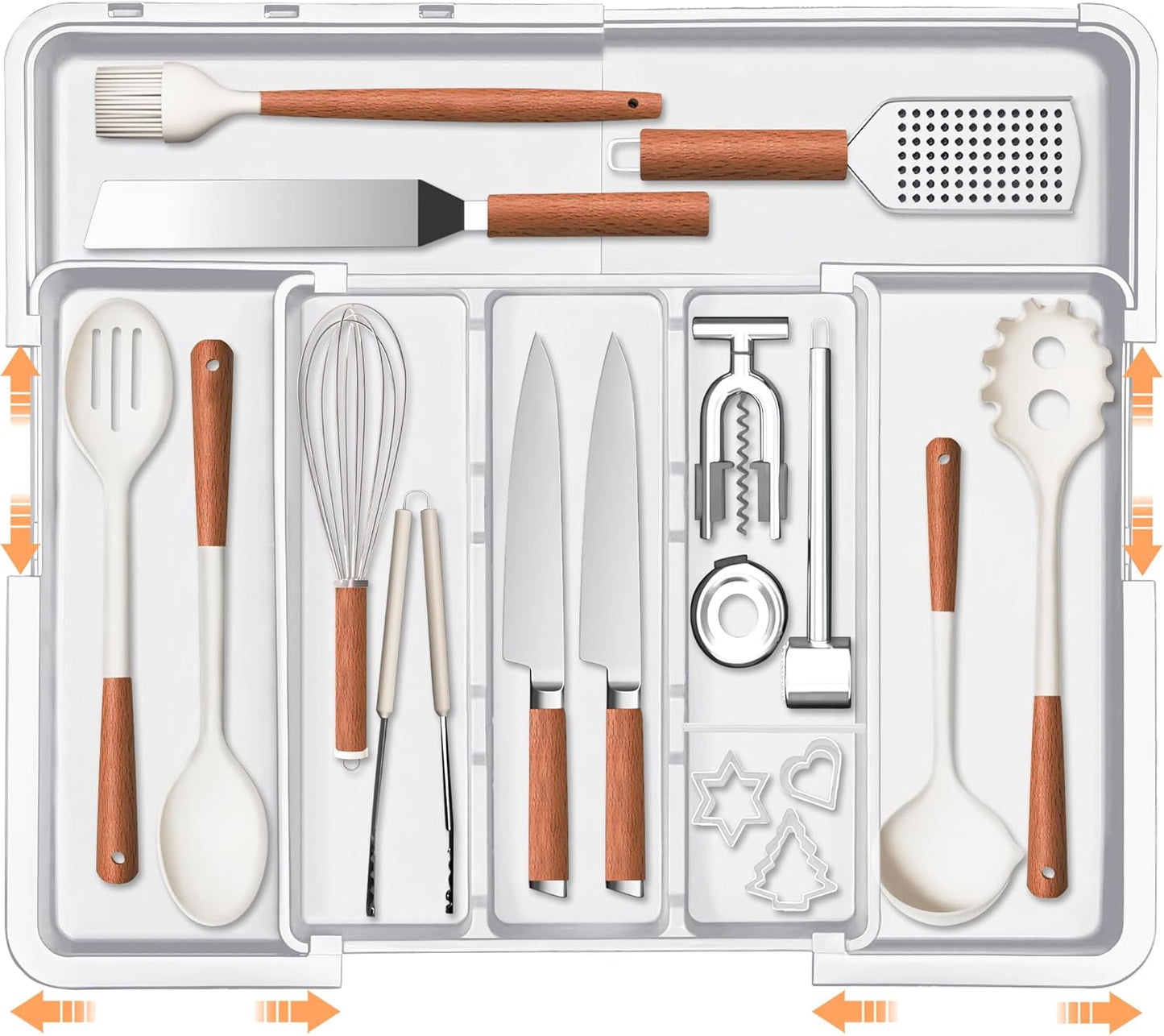 Large Utensil Drawer Organizer Expandable Silverware Organizer for Kitchen Drawer Adjustable Cooking Utensil Holder Cutlery Flatware Tray Spatula Tools Gadgets Storage Dividers Plastic White