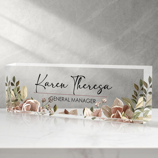 Custom Office Name Plate, Personalized Gifts for Women & Men, Appreciation Gifts for Employees, Office Desk Accessory (Tea Colored Flower)