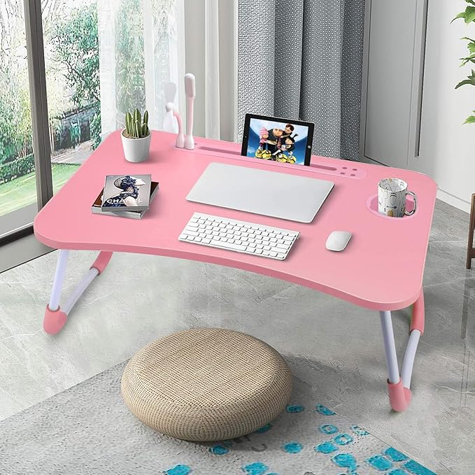 Slendor Lap Desk with Cup Holder, Foldable Laptop Table for Bed, Portable Bed Desk for Laptop and Writing, Computer Tray with Tablet Slot, Notebook Stand Reading Holder for Couch Sofa Floor,Pink