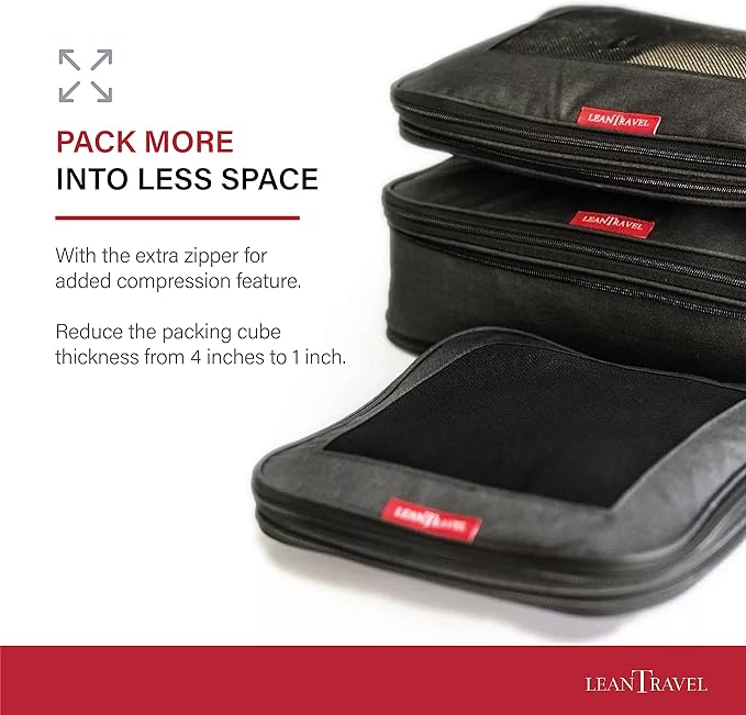 LeanTravel Compression Packing Cubes for Travel Organizers with Double Zipper (3-Pack (2L+1M), Black)