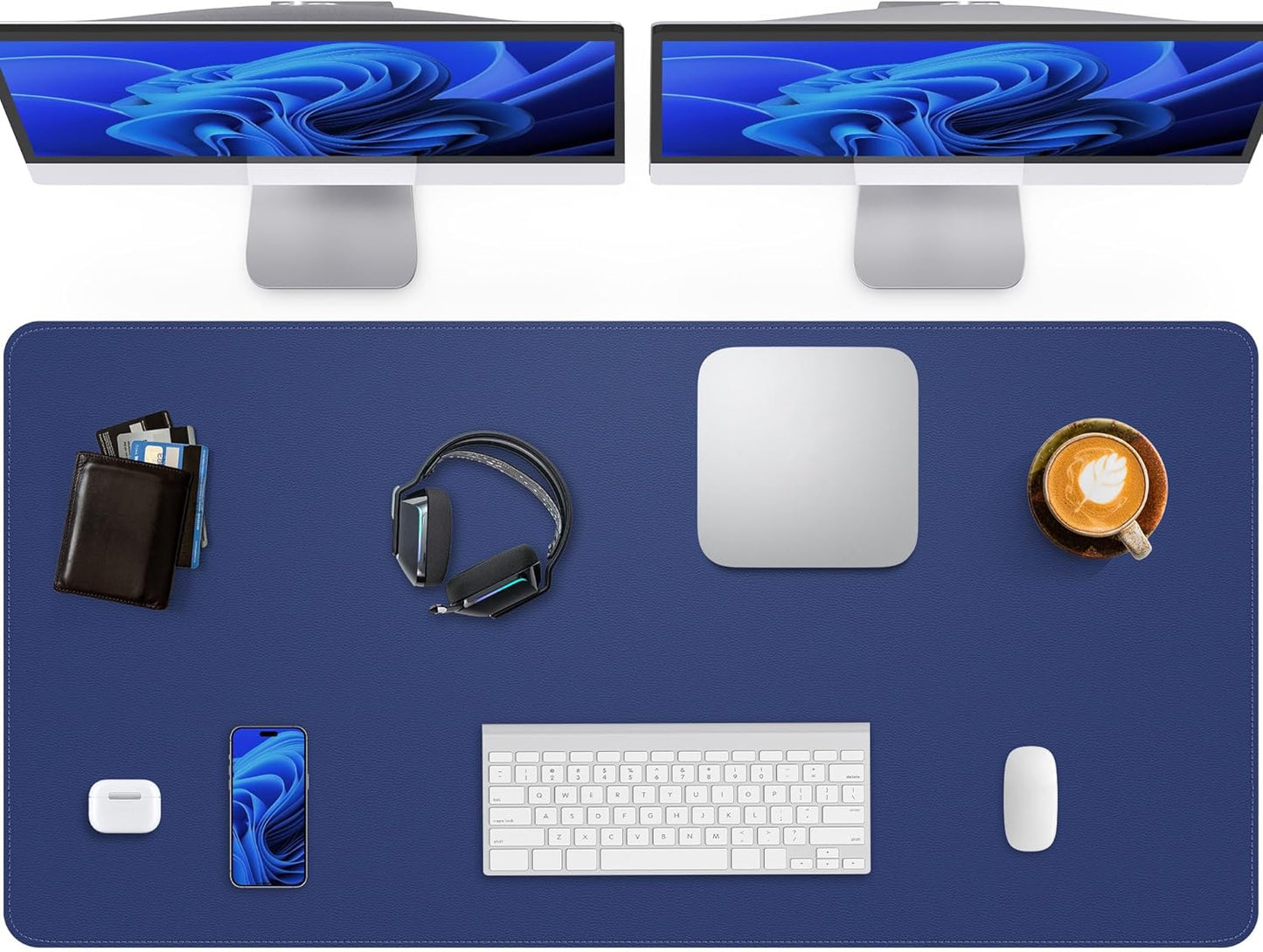 Extra Large Desk Pad Mat - Waterproof Mouse Pad & Desk Protector, Non-Slip XXL PU Leather Gaming Mat for Keyboard/Mouse, Stitched Edge with Ergonomic Support, 55"x24" (Blue)