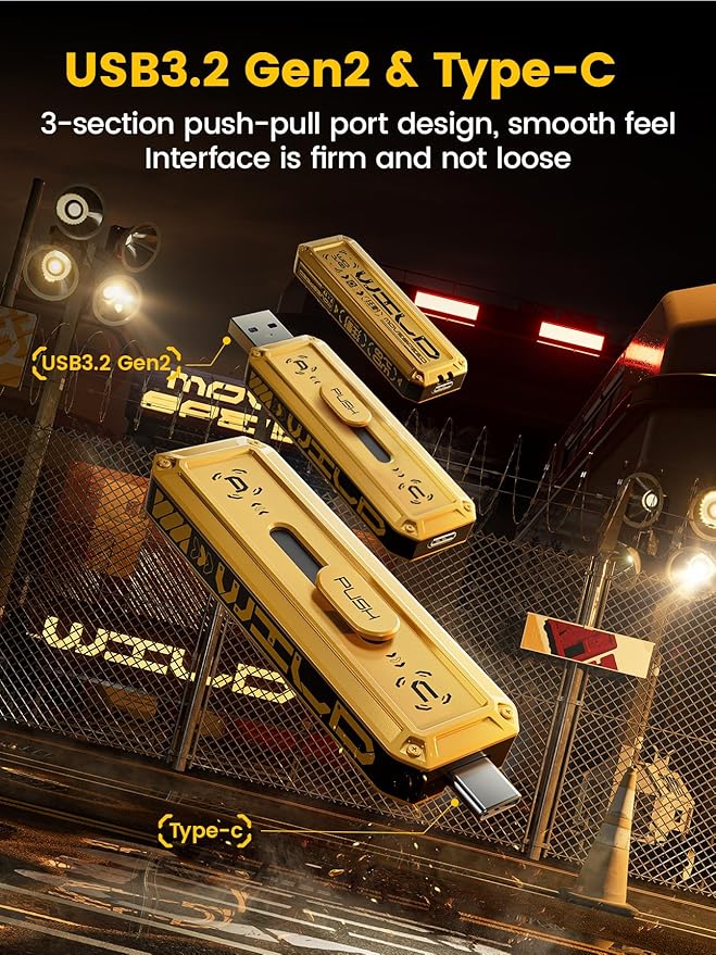 MOVE SPEED 512GB Flash Drive 1000MB/s Read Write Speed,USB 3.2 Gen2+USB C External SSD with Dual Ports, Portable SSD 3-Stage Push-Pull Design, Thumb Drive for iPhone 15/16 Series/Mac/Android Phone etc