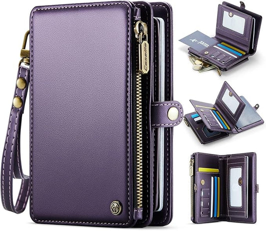 Passport Holder Wallet Bag with AirTag Holder, 11 Card Slots and Passport Solt Cash Solt Photo Solt Zipper Pocket, RFID Blocking Wristlet Strap.Purple
