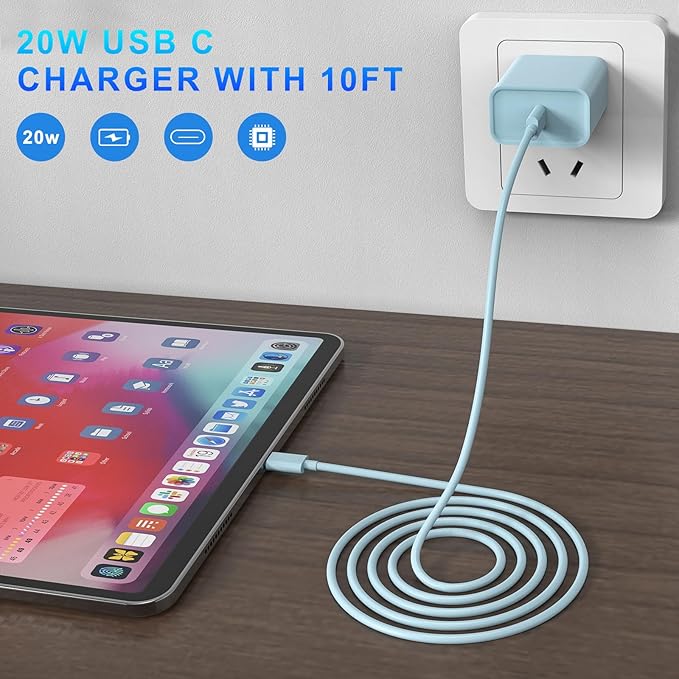 iPhone 17 16 15 Charger Fast Charging, 3 Pack PD 20W USB C Charger with 10FT Cord, USB C Cable Type C Chargers Block for iPhone 17/17 Pro/17 Pro Max/16/16 Plus/16 Pro/16 Pro Max/15/15 Pro（Blue）
