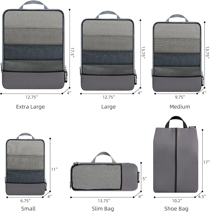 BAGAIL 4 Set/6 Set/8 Set Compression Packing Cubes Travel Accessories Expandable Packing Organizers (Half Mesh, 6-Dark Grey)