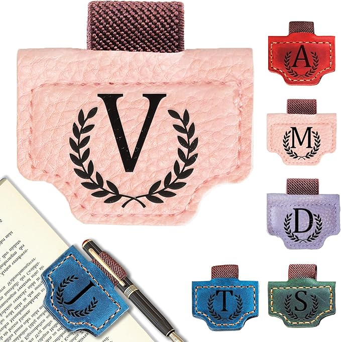 Personalized Bygone Mark Bookmark with Pen Holder, Leather Magnetic Bookmark 26 Letters Name Initial Bookmarks for Readers, Book Lover Gifts for Women Men Notebook Accessories (Pink, V)