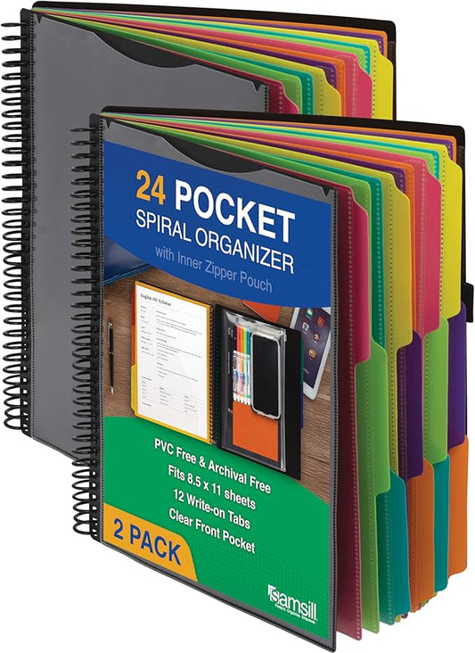 Samsill 2 Pack Deluxe 24 Pocket Spiral Project Organizer with Inner Zipper Pouch, Customizable Front Cover, 12 Dividers with Erasable Write-On Tabs in Assorted Colors, Plastic Folders with Pockets