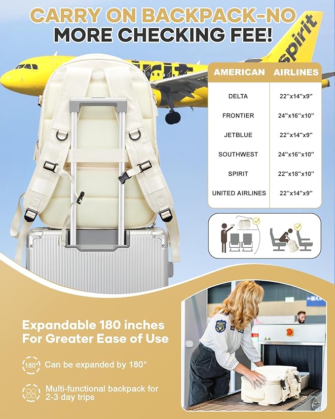 Vacuum Travel Backpack with Pump for Women,Personal Item Carry on Backpacks Flight Approved 18x14x8 inches for Men,Laptop Waterproof Work Compression bags Casual Daypack. Beige.