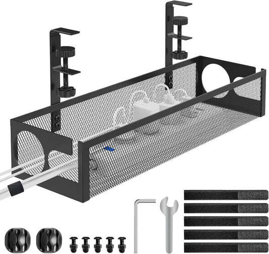 Under Desk Cable Management Tray No Drill 15.1’’, Metal Mesh Cable Management Box with Hybrid Side Slots Cable Raceway,Adjustable Cable Tray with Wire Management for Office Home,1 Pack (Black)