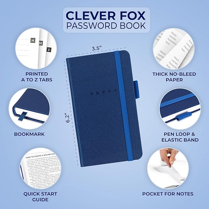 Clever Fox Password Book – Alphabetized Internet Address & Password Organizer - Computer & Website Password Keeper Notebook – Log-In Password Journal – Pocket, 6.2x3.5″, Hardcover (Mystic Blue)