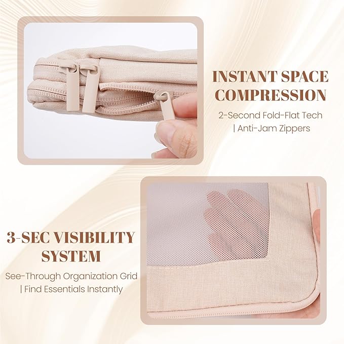 4-Set Compression Packing Cubes for Travel, Recycled Cotton Luggage Organizers, Space-Saving Suitcase Organizers, with Mesh, Travel Essentials(Beige)