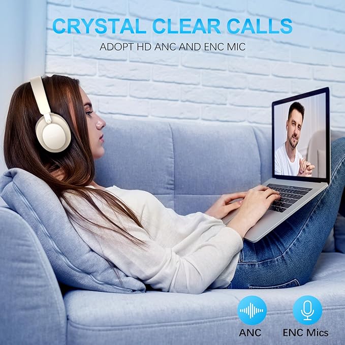 Noise Cancelling Headphones Wireless Bluetooth, Over Ear Headphones Bluetooth with Microphone, Cancelling Wireless Headphone Over Ear, 65h Playtime, Clear Calls, Comfort Fit For Travel (Beige)