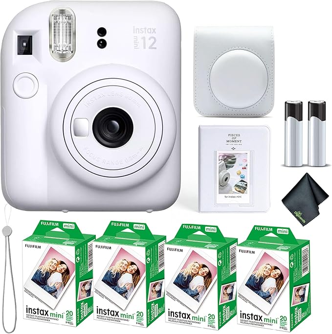 Fujifilm Instax Mini 12 Instant Camera Clay White Bundle with Fuji Instax Mini Film Value Pack (80 Sheets) + Protective Carrying Case + Photo Album + Microfiber Cleaning Cloth