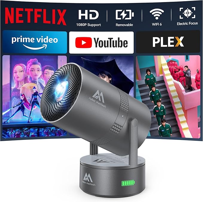 [Built-in Battery] Mini Projector with Wifi and Bluetooth, 4K 1080P Supported 270° Rotatable 150'' Screen Auto Keystone Home Outdoor Portable Smart Projector for Phone/TV/Laptop/HDMI, Iron Grey