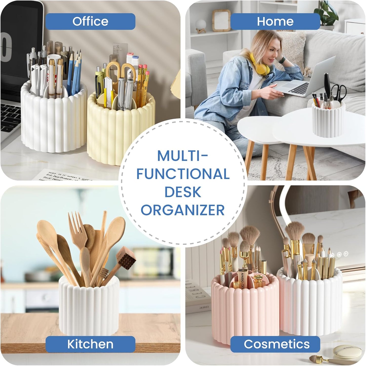 Desk Organizer, 360° Rotating Pen Holder for Desk, Pencil Cup with 7 Compartments Storage Box Caddy for Kids, Office, School, Home (White)