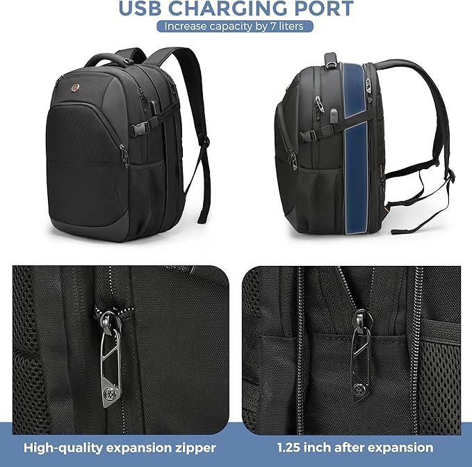 Swissdigital Design Travel Laptop Backpack, 35L Expandable Large College Laptops Backpack with USB Charging Port for Men and Women Fits 17 Inch Notebook, Black | ANDWIL PRO