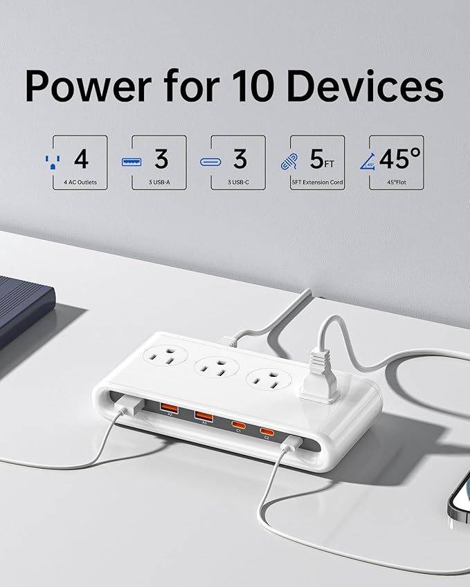 10-in-1 USB Charging Station with AC Outlets, Surge Protector Power Strip with USB Ports PD 20W, 4.9ft USB Extension Cord for Home/Office/Travelling Essentials