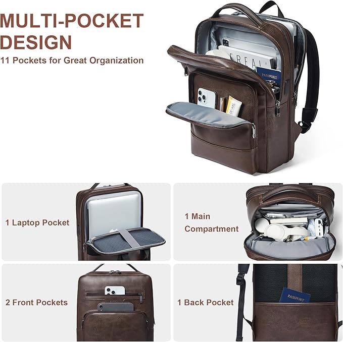 Shrrie Leather Laptop Backpack for Women and Men,28 L Travel Backpack Computer Bag Fits 16 inch Laptop,Expandable Casual Daypack with USB Charging Port for Work Business Weekender College,Coffee