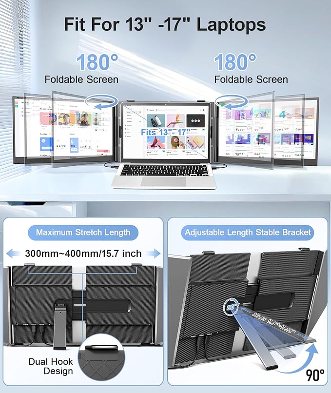 Laptop Screen Extender, Ultra-Thin 14" FHD 1080P Portable Monitor for Laptop, 2.2lbs Lightweight Triple Monitor Extender Plug & Play for 13"-17" Laptops, Compatible with Wins/Mac/Android/Chrome