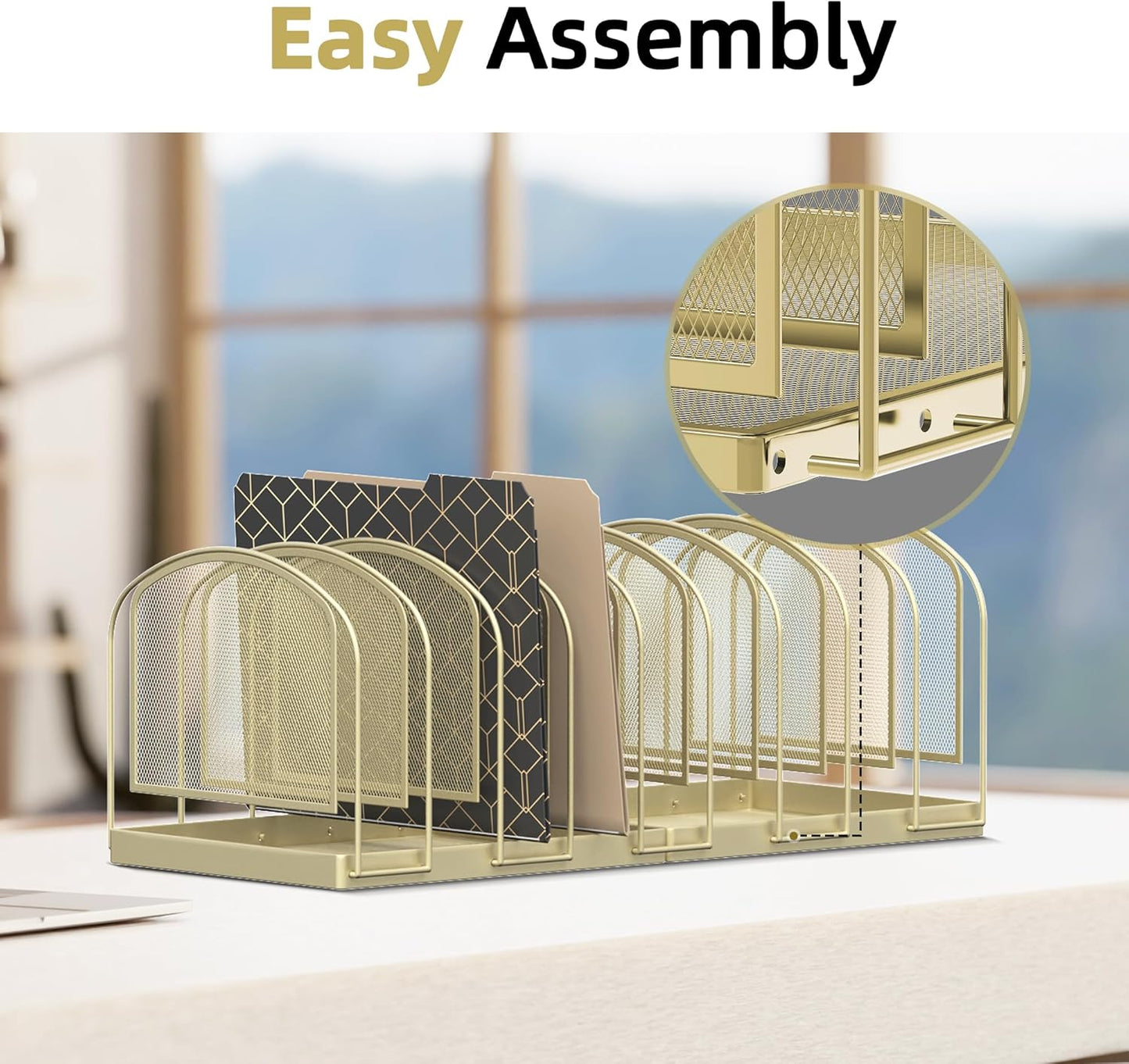 SUPEASY File Organizer 9-Section Mesh Desk Organizer, Upright File Organizer Desktop Organizer File Sorter, File Folder Holder for Office Supplies, Golden Yellow