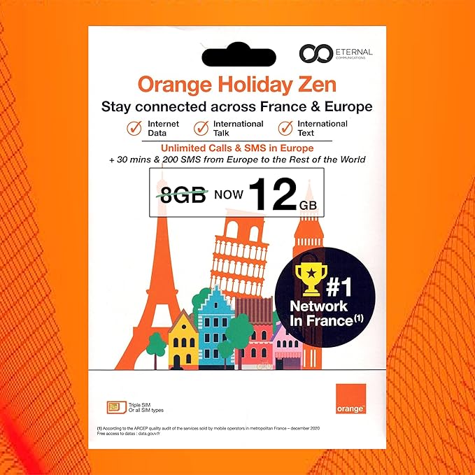 Preloaded Orange Travel Sim Card Now with 12GB of 4G Data, Unlimited Calls & SMS in Europe, 30 mins & 200 SMS from Europe to Worldwide (Lasts for 31 Days). Tethering Allowed